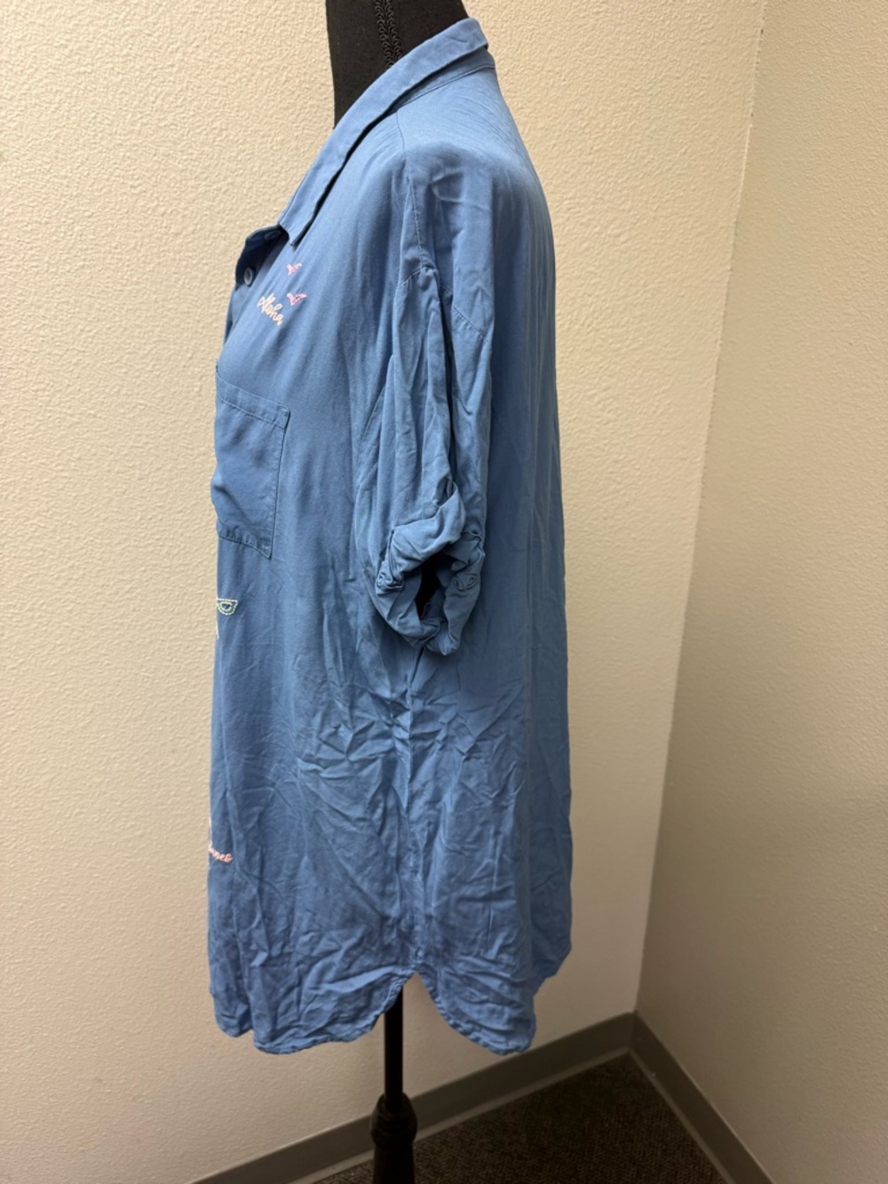 Jasmine Ginger Blue Embroidered Beach Button Shirt Tropical Top Large - Picture 6 of 11